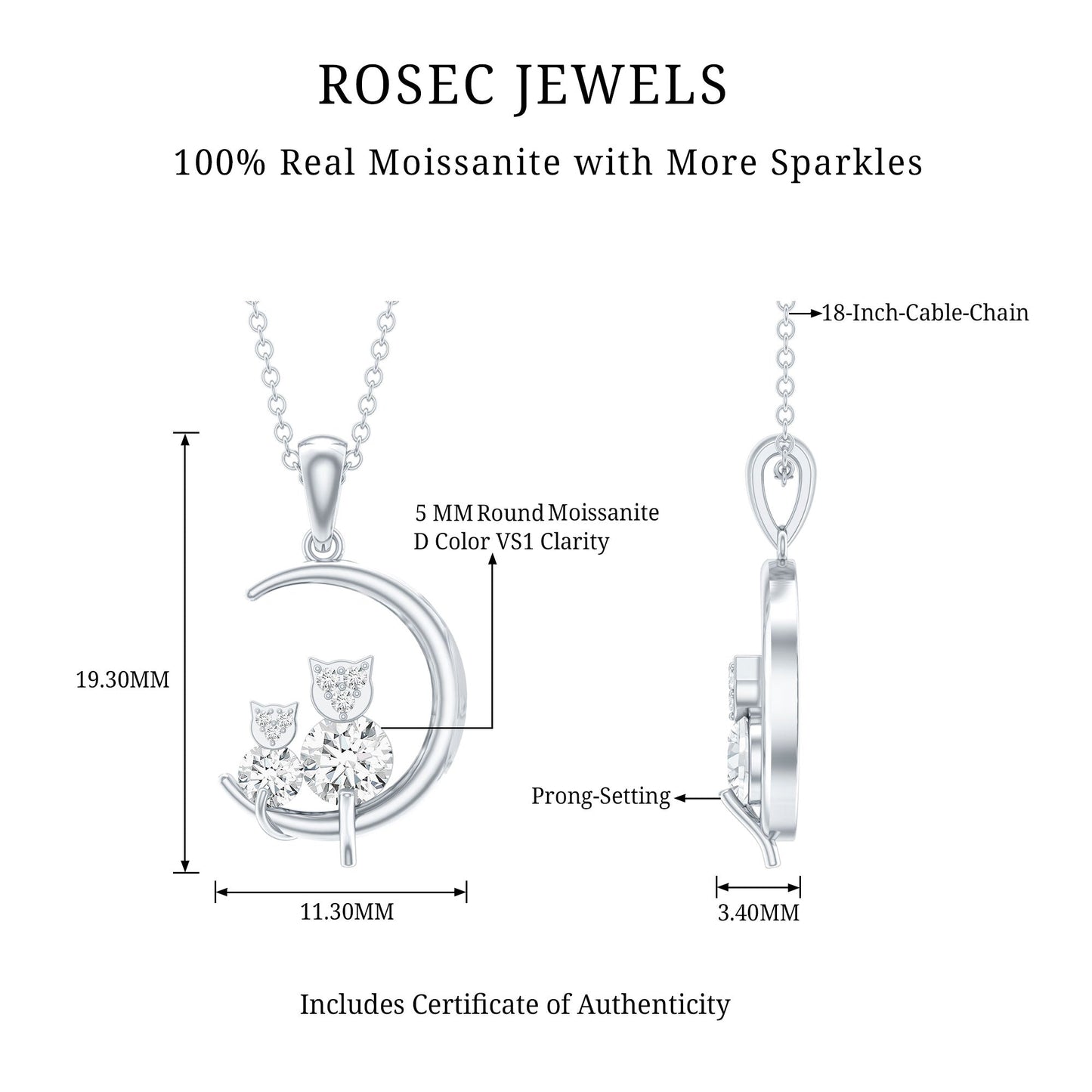 Certified Moissanite Cat on Moon Pendant