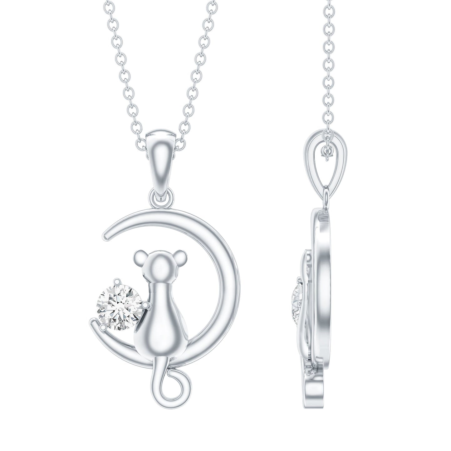 Certified Moissanite Cat and Moon Pendant