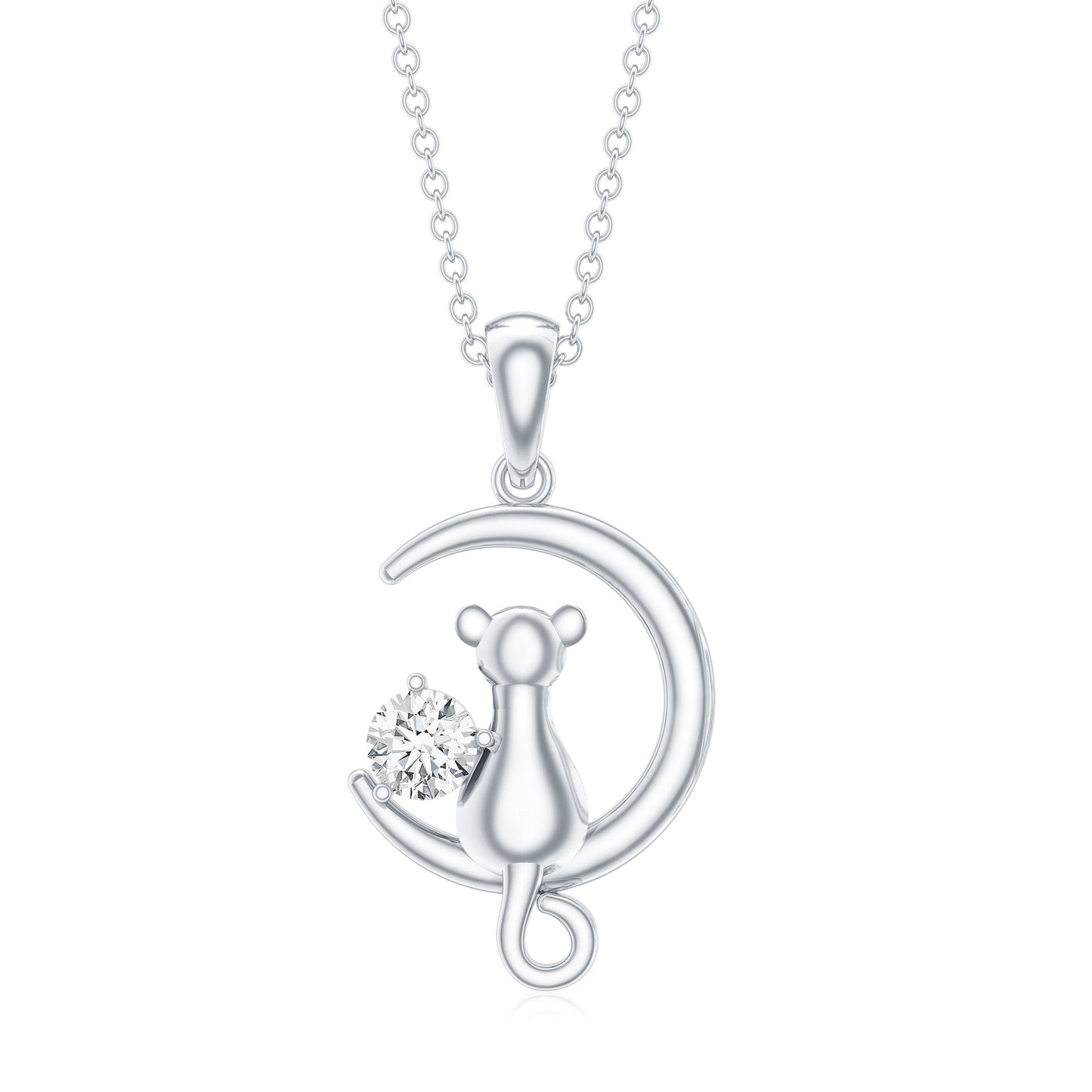 Certified Moissanite Cat and Moon Pendant