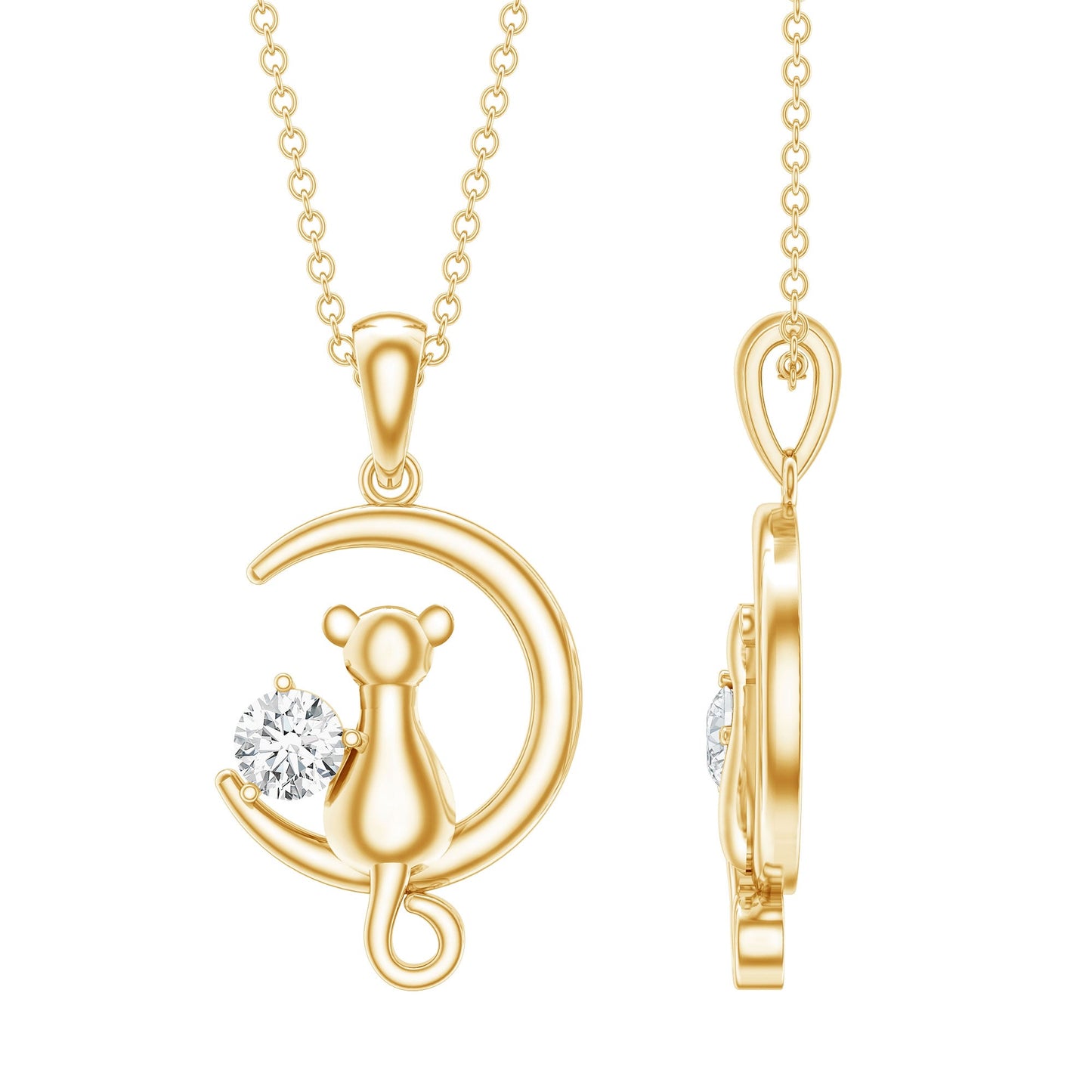 Certified Moissanite Cat and Moon Pendant