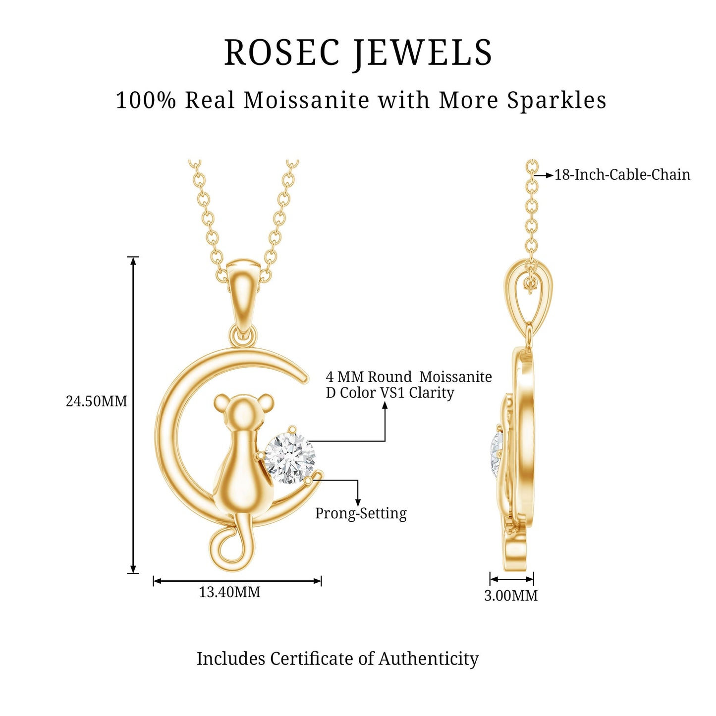 Certified Moissanite Cat and Moon Pendant