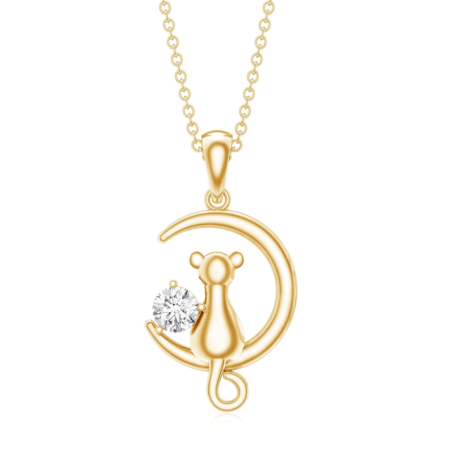 Certified Moissanite Cat and Moon Pendant