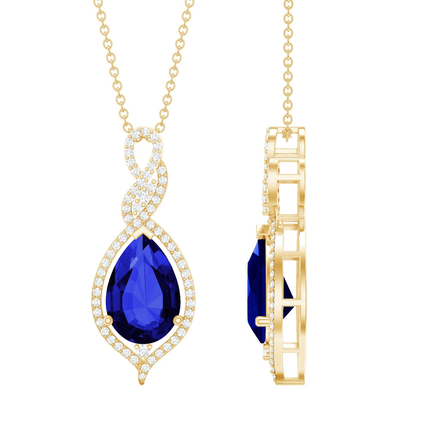 Certified 4 Carat Lab Created Blue Sapphire and Diamond Teardrop Pendant