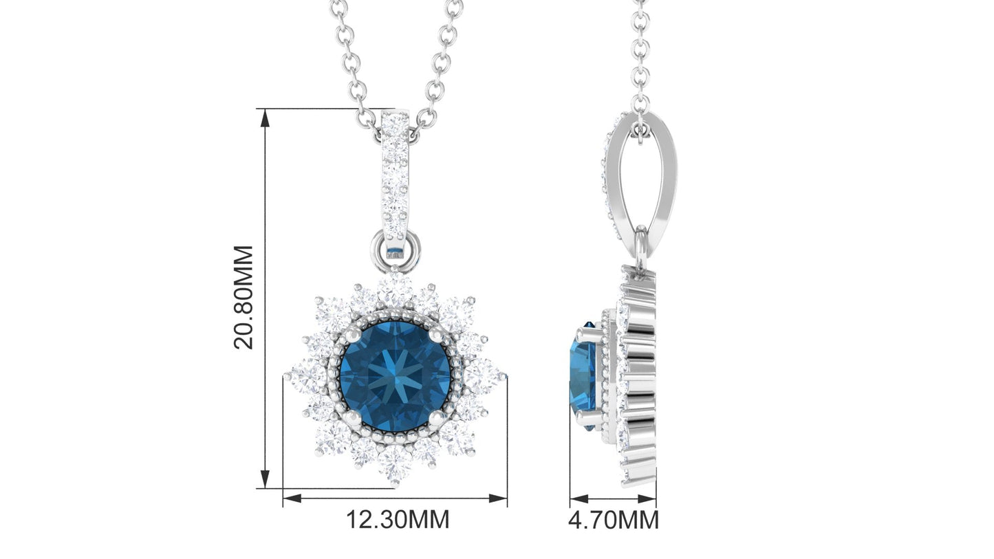 Natural 0.6 Carat London Blue Topaz Pendant Necklace with Diamond Halo