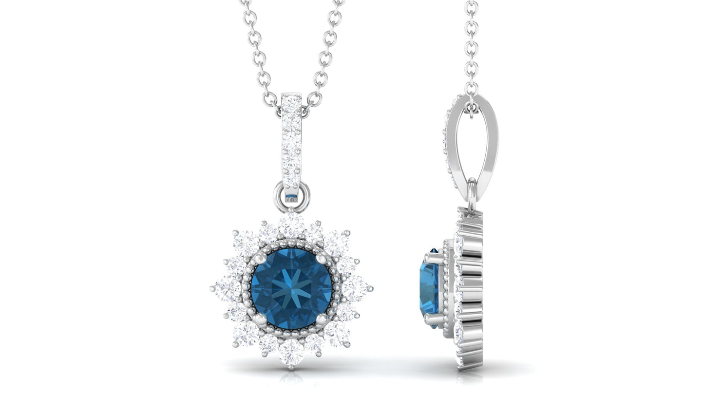 Natural 0.6 Carat London Blue Topaz Pendant Necklace with Diamond Halo