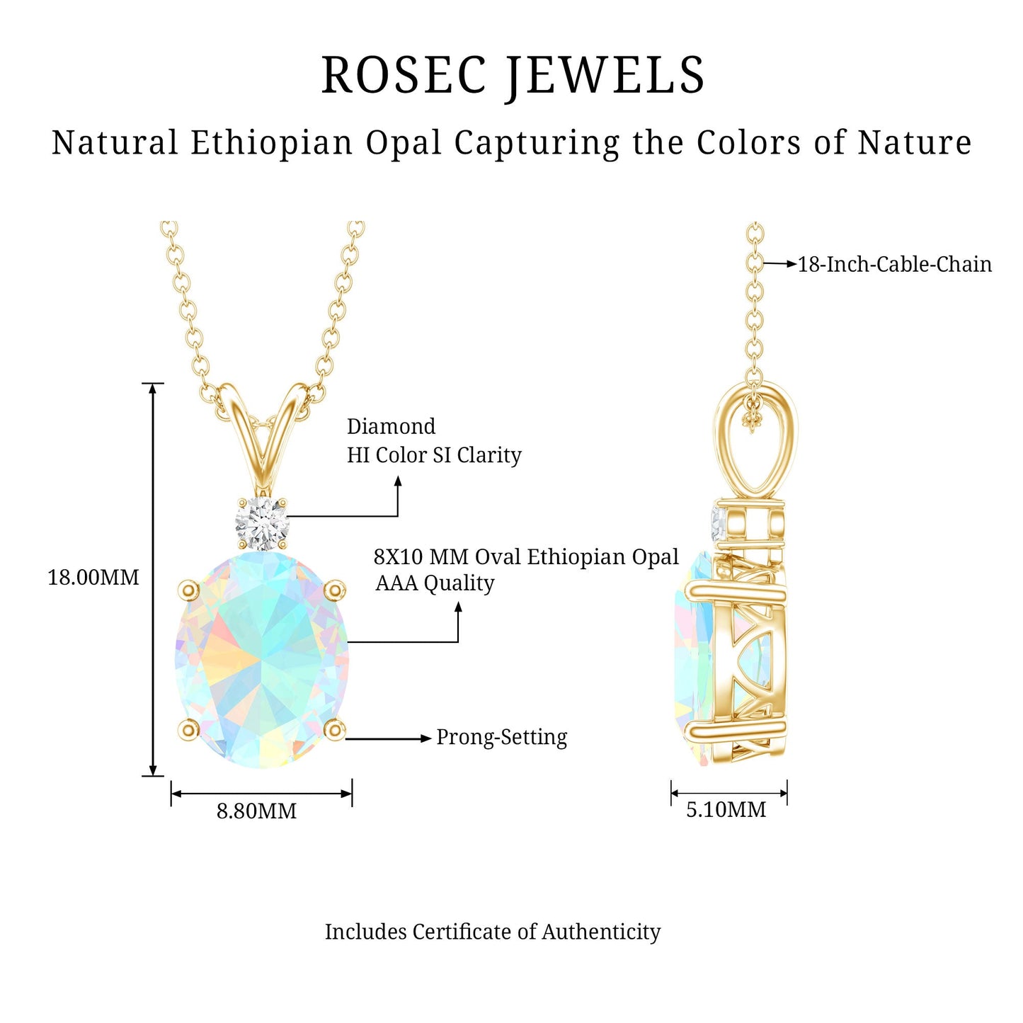 Genuine 1.3 Carat Opalescent Pendant Necklace with Diamond