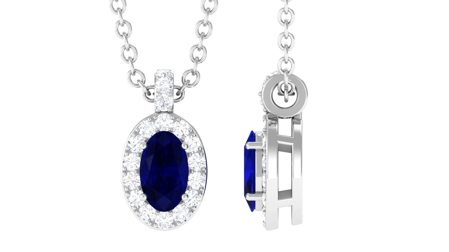 Natural 0.6 Carat Oval Blue Sapphire Pendant Necklace with Diamond Halo