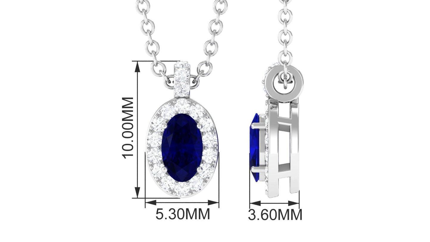 Natural 0.6 Carat Oval Blue Sapphire Pendant Necklace with Diamond Halo