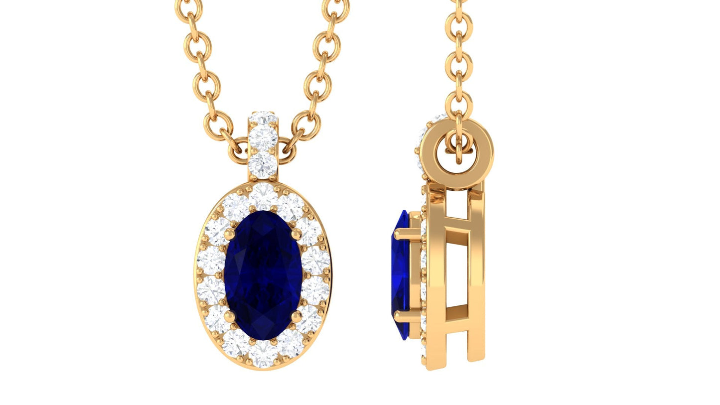 Natural 0.6 Carat Oval Blue Sapphire Pendant Necklace with Diamond Halo