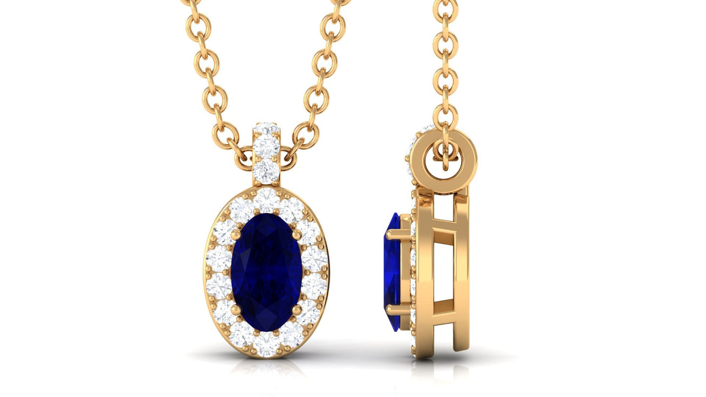Natural 0.6 Carat Oval Blue Sapphire Pendant Necklace with Diamond Halo