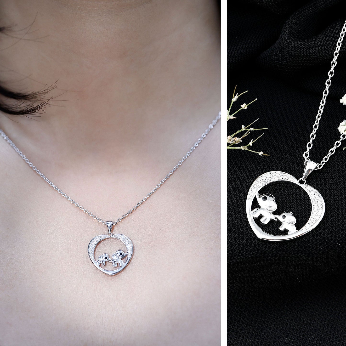 Diamond Elephant Mother Child Necklace