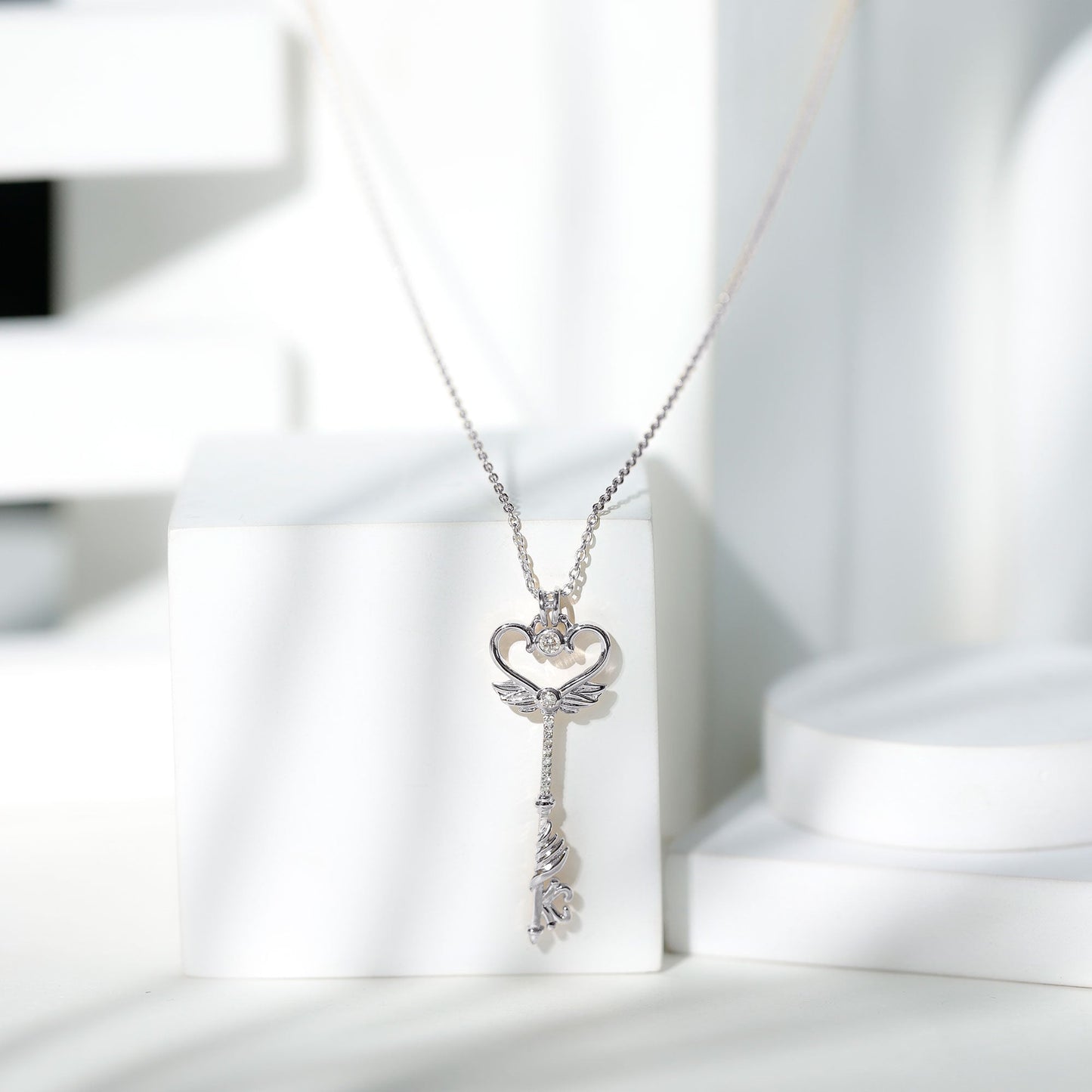 Diamond Key Necklace with Angel Wings
