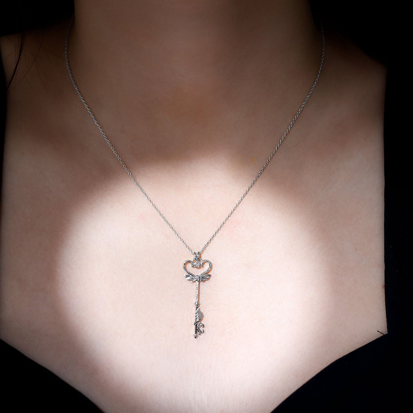 Diamond Key Necklace with Angel Wings