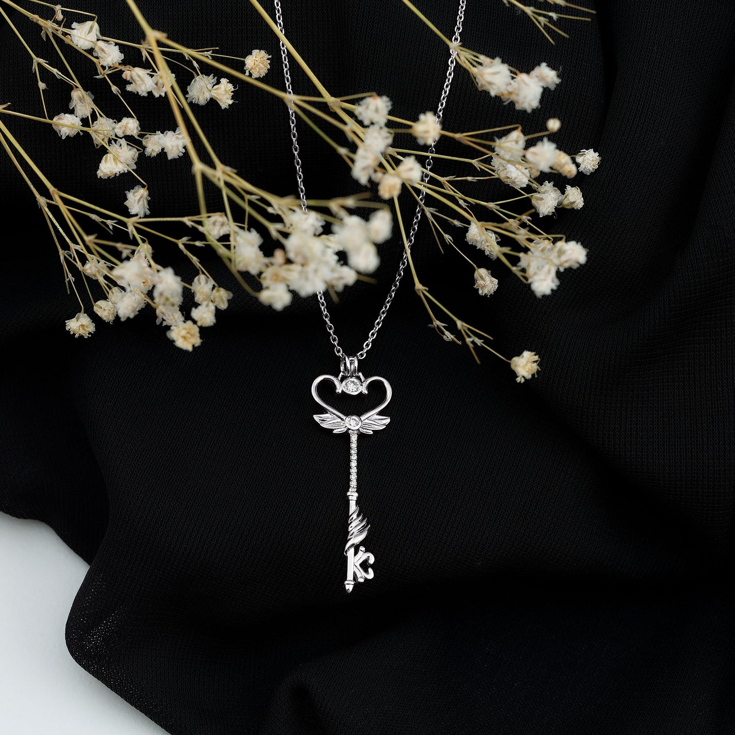 Diamond Key Necklace with Angel Wings