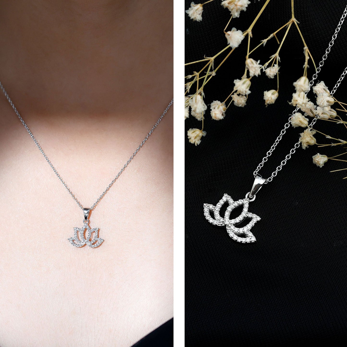 Diamond Lotus Flower Necklace in Pave Setting