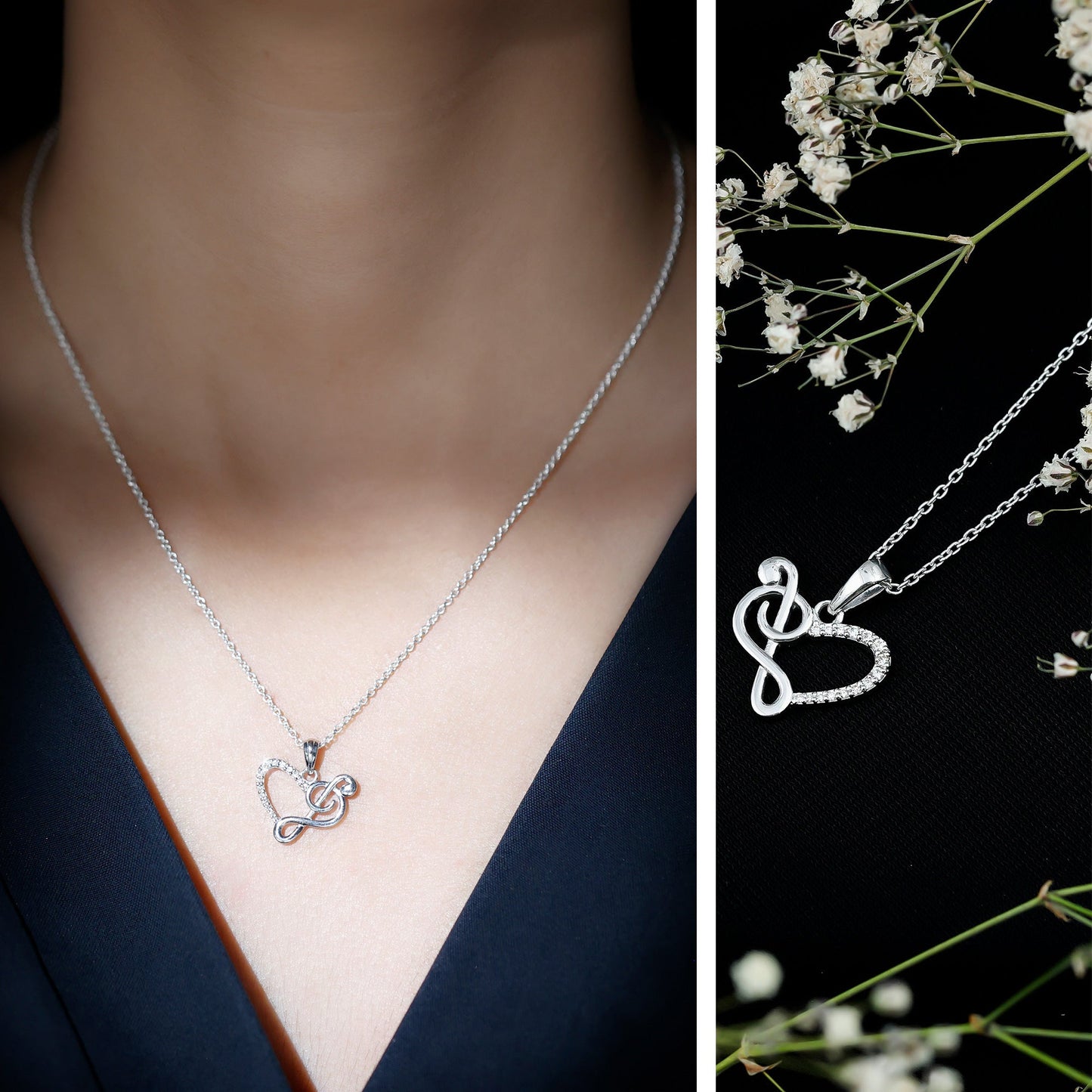 Diamond Heart and Music Note Necklace