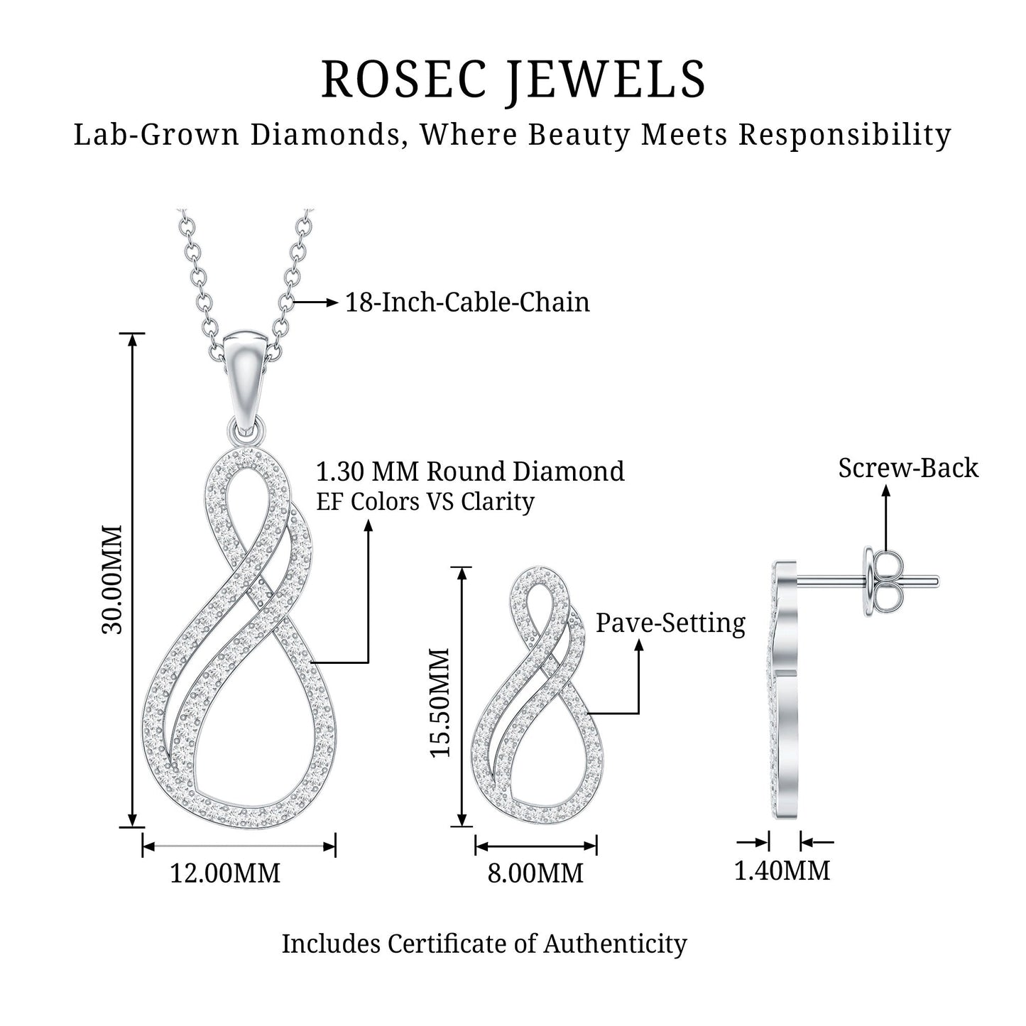 Diamond Infinity Necklace Earrings Set For Women