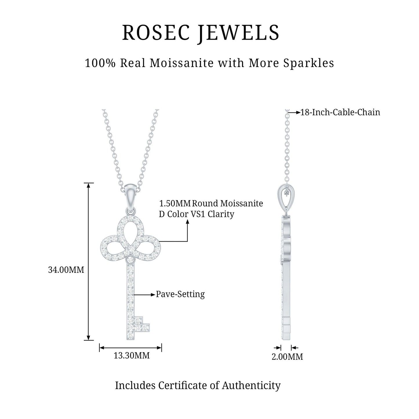Certified Moissanite Key Pendant Necklace for her