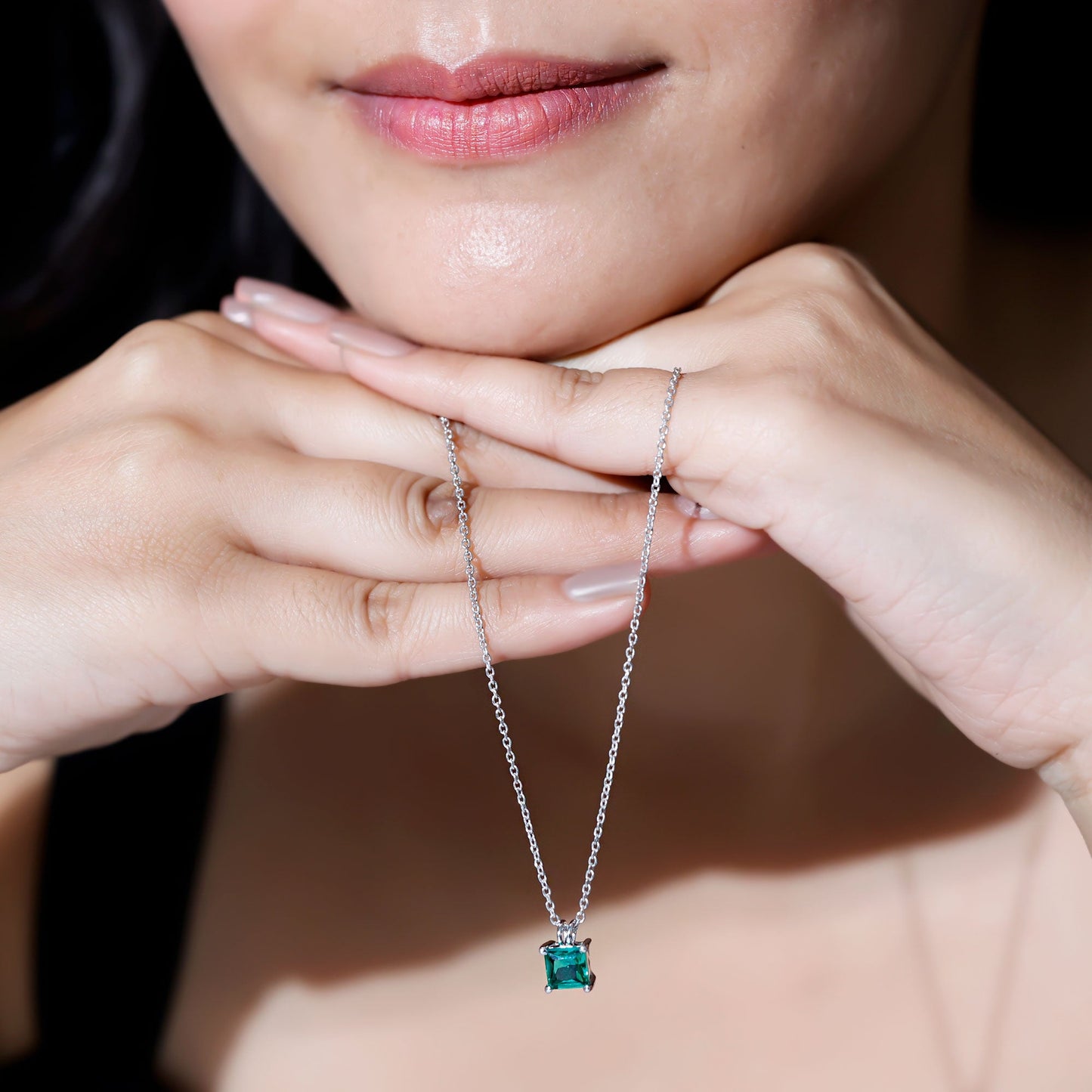 Certified Square Cut Lab Grown Emerald Solitaire Necklace With Chain