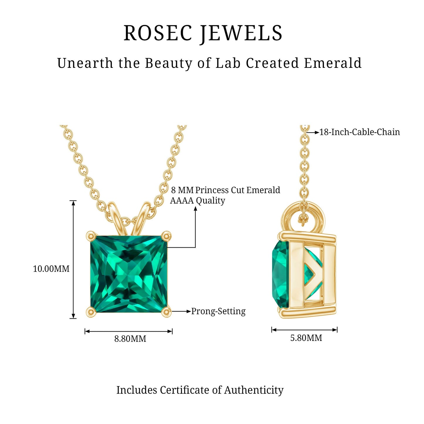 Certified Square Cut Lab Grown Emerald Solitaire Necklace With Chain