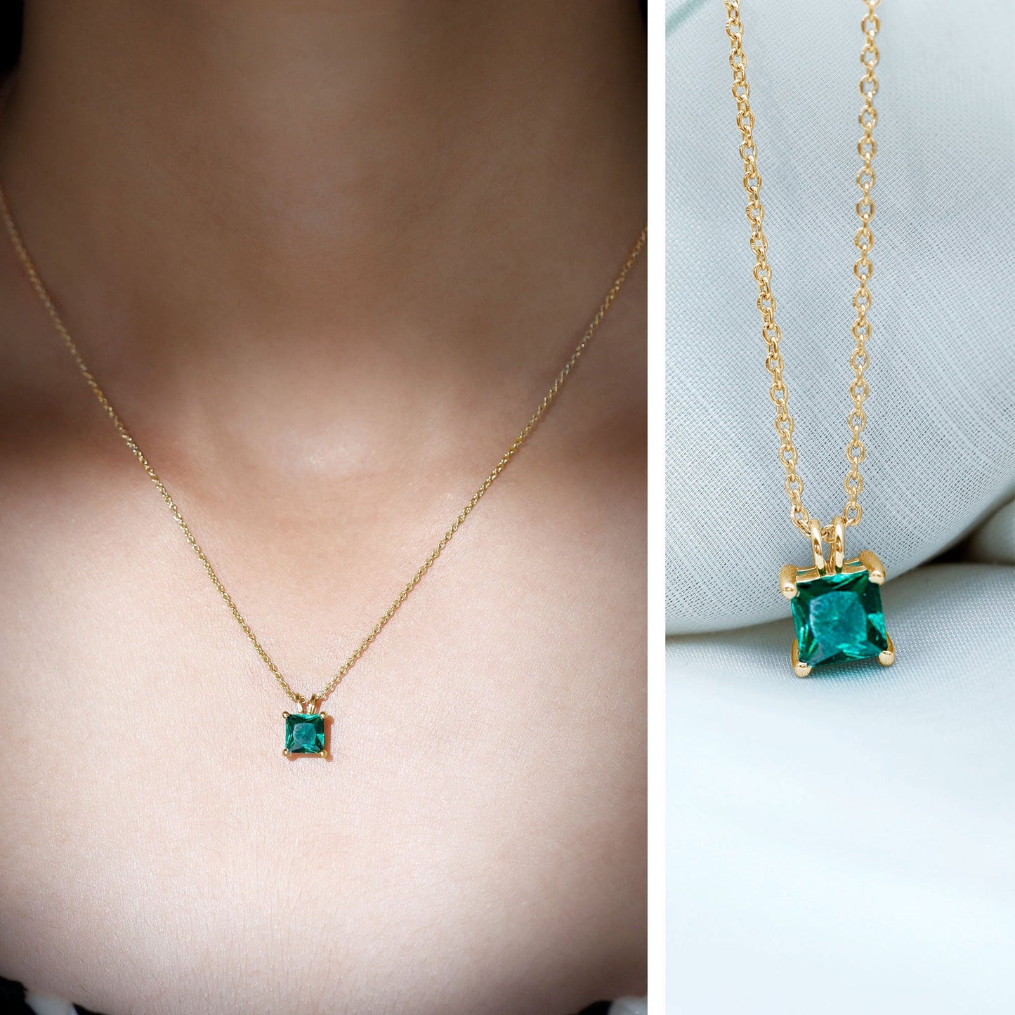 Certified Square Cut Lab Grown Emerald Solitaire Necklace With Chain