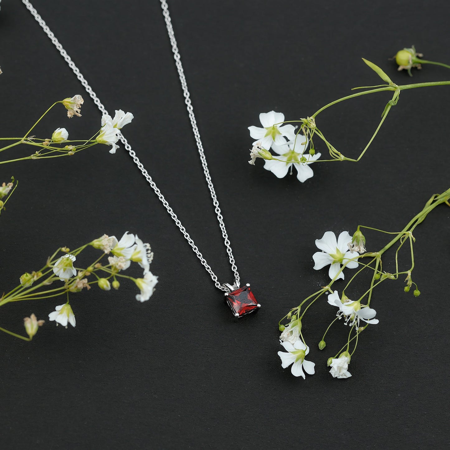 Genuine Princess Cut Garnet Solitaire Locket With Chain