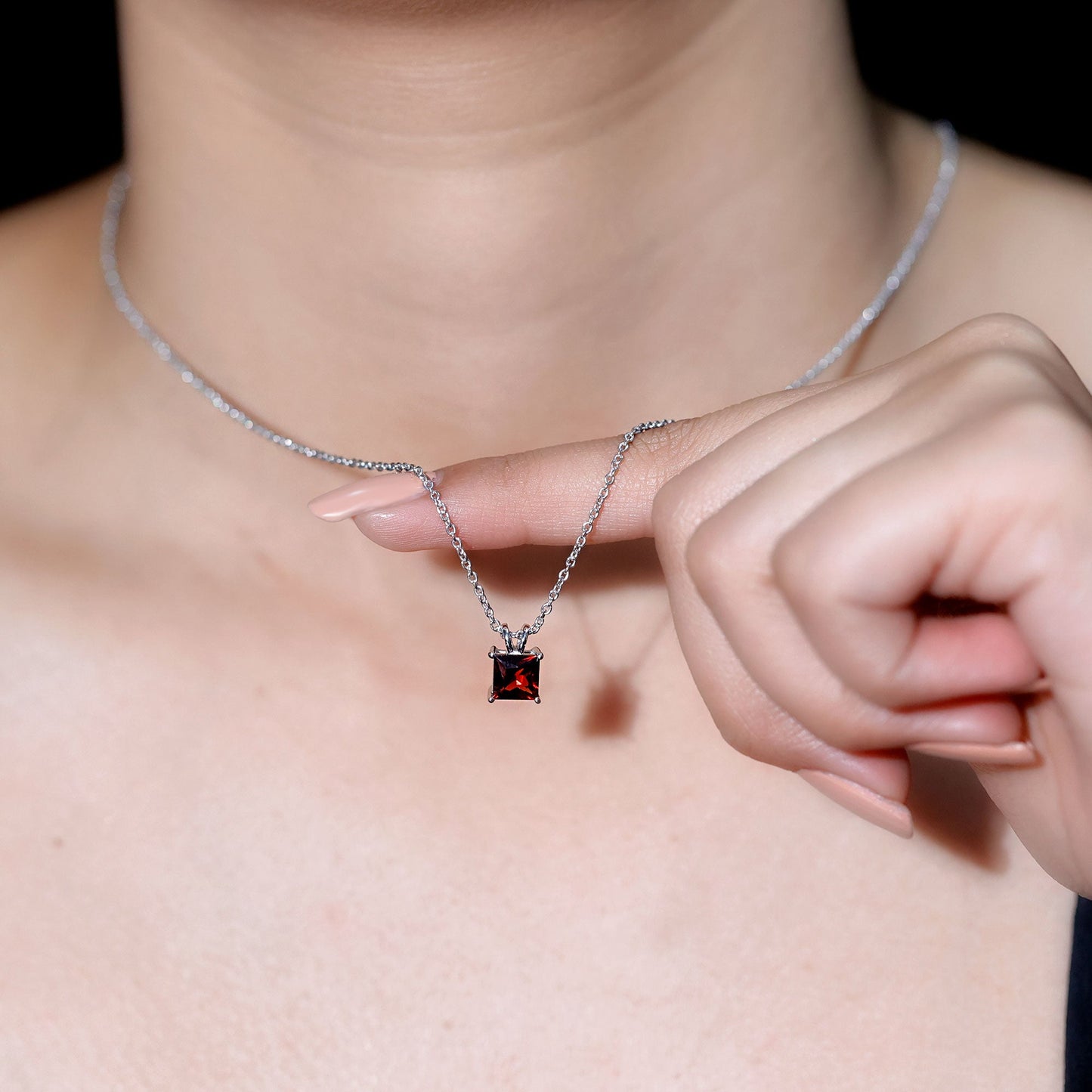 Genuine Princess Cut Garnet Solitaire Locket With Chain