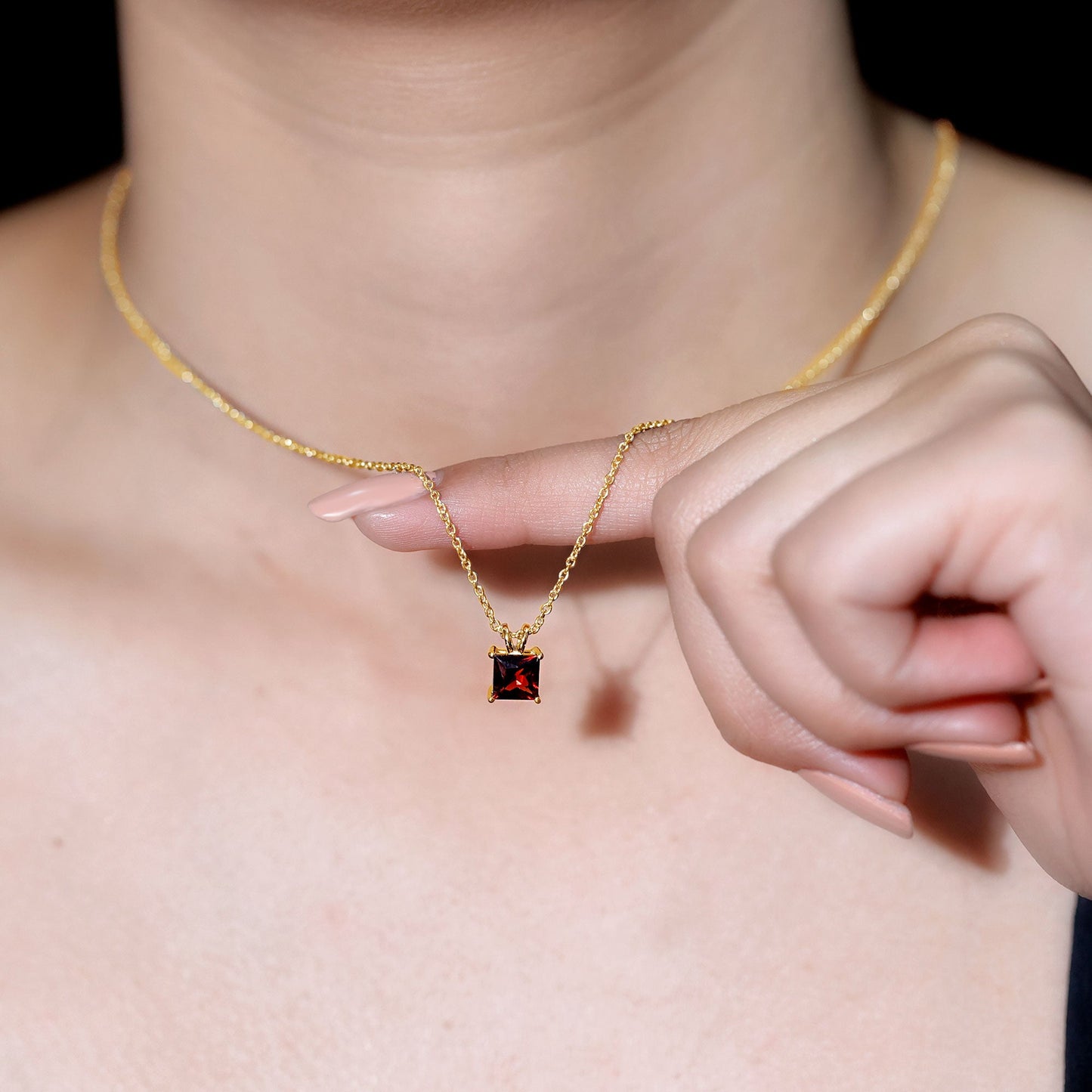 Genuine Princess Cut Garnet Solitaire Locket With Chain