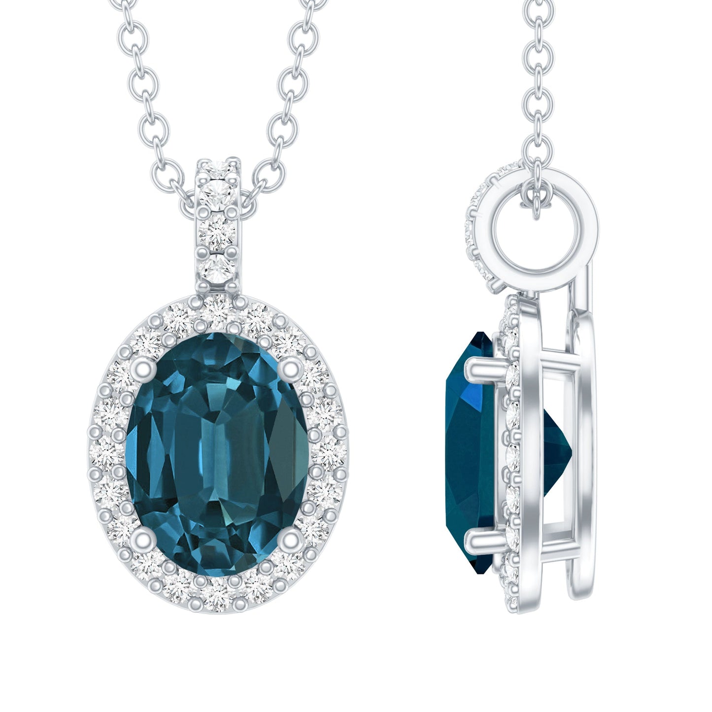 Genuine London Blue Topaz and Diamond Classic Necklace With Chain