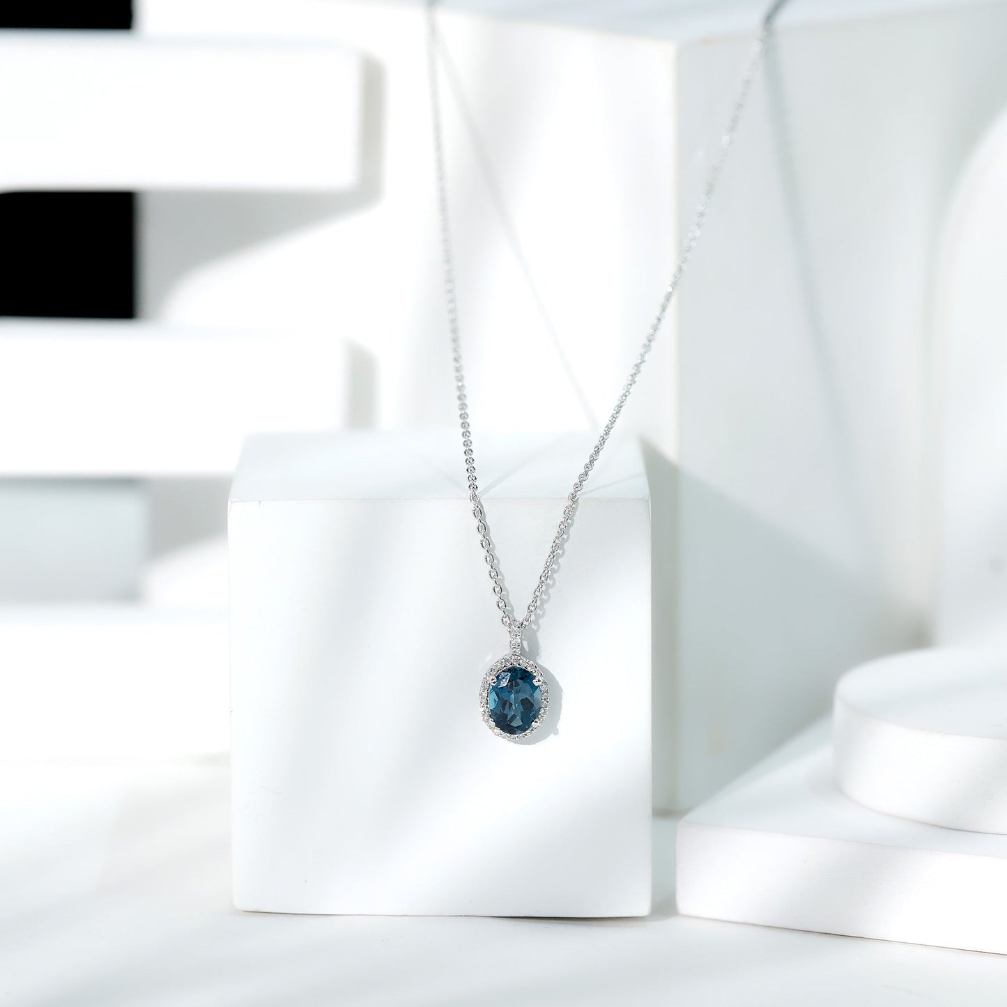 Genuine London Blue Topaz and Diamond Classic Necklace With Chain