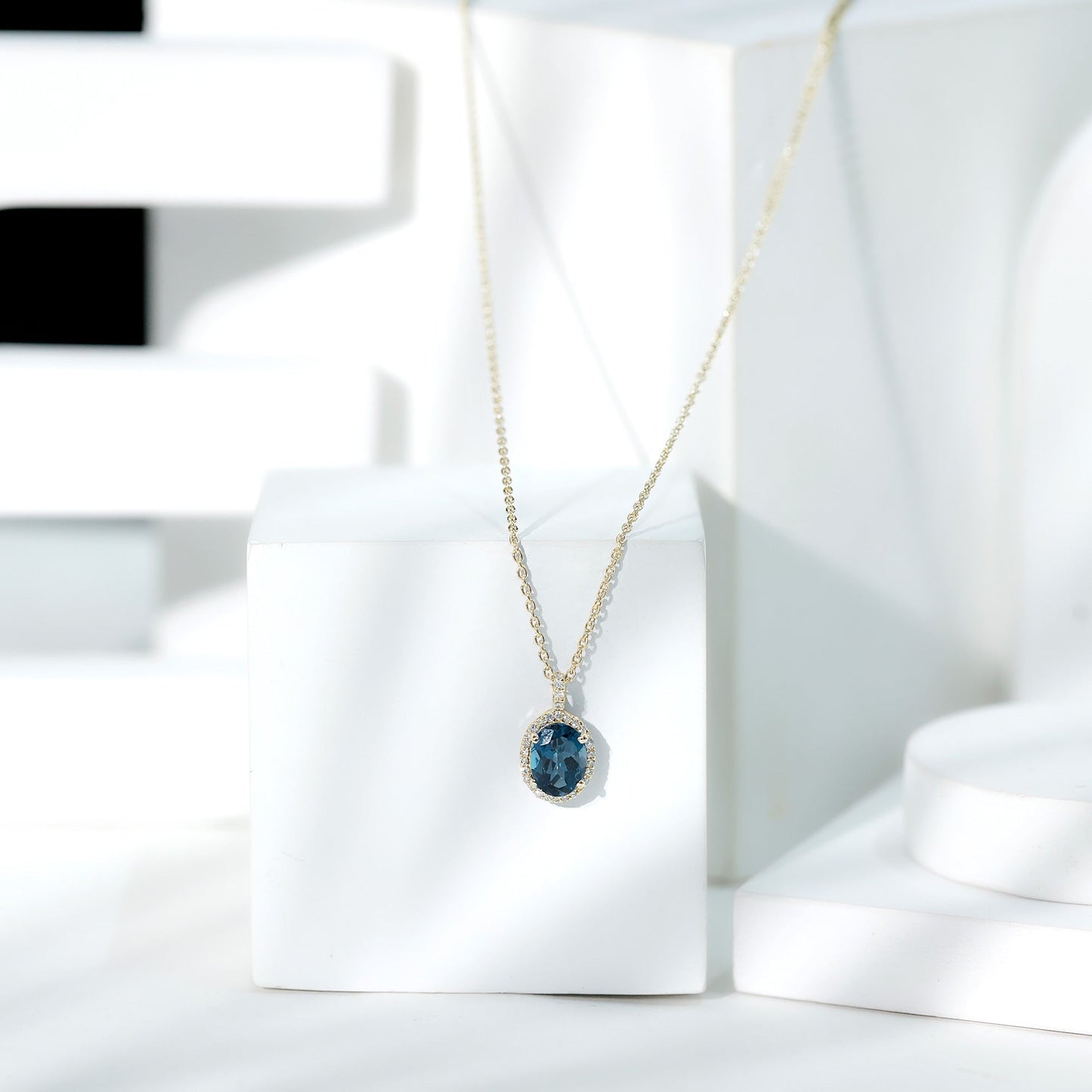 Genuine London Blue Topaz and Diamond Classic Necklace With Chain