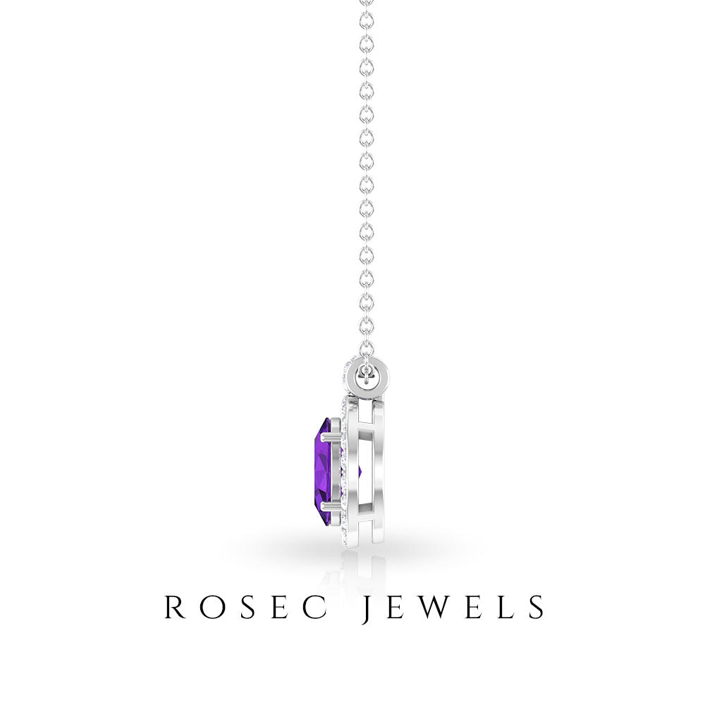 Natural 1 Carat Oval Amethyst Necklace with Diamond Halo