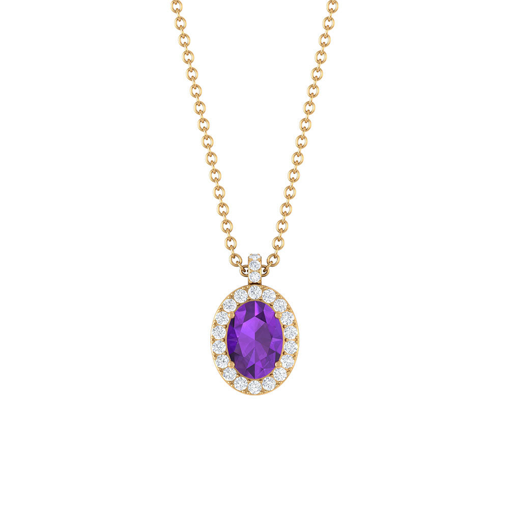 Natural 1 Carat Oval Amethyst Necklace with Diamond Halo