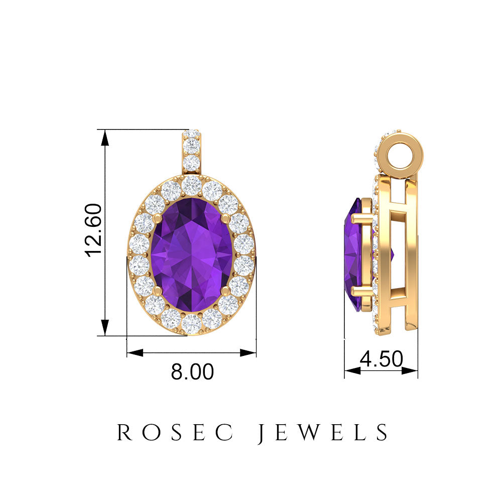 Natural 1 Carat Oval Amethyst Necklace with Diamond Halo
