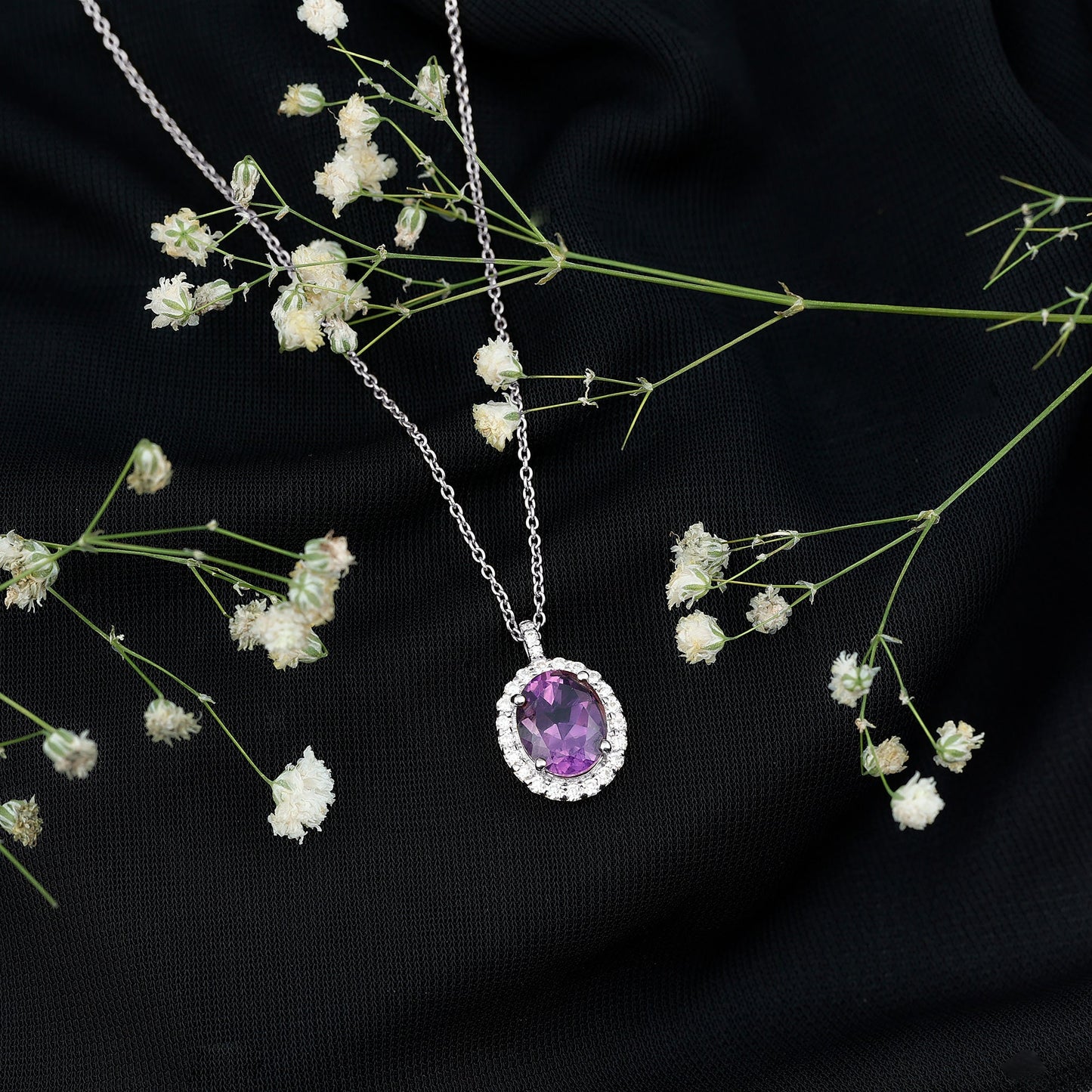 Certified 2.5 Carat Amethyst Oval Necklace with Moissanite Halo