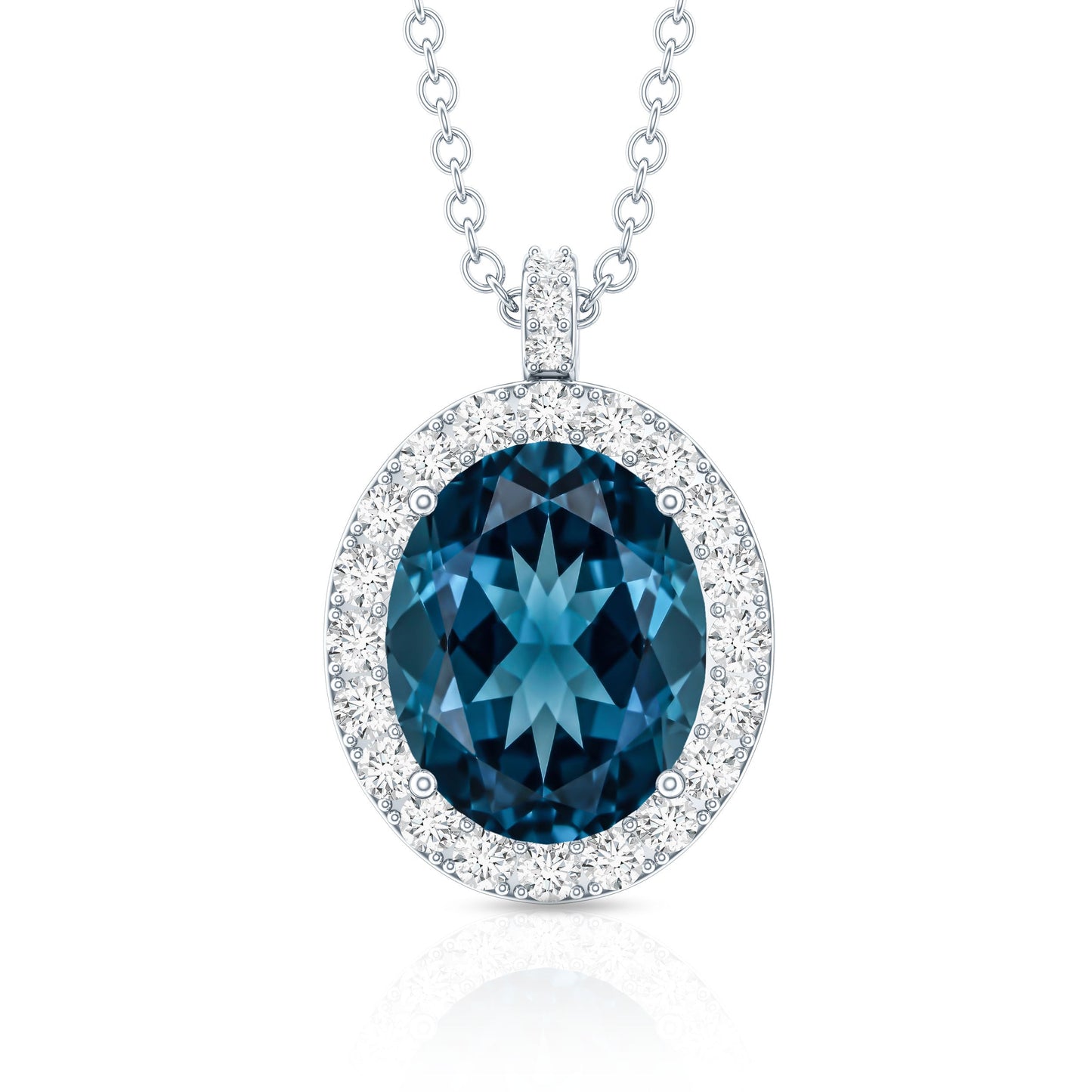 Genuine 2.5 Carat Oval Cut London Blue Topaz and Diamond Necklace