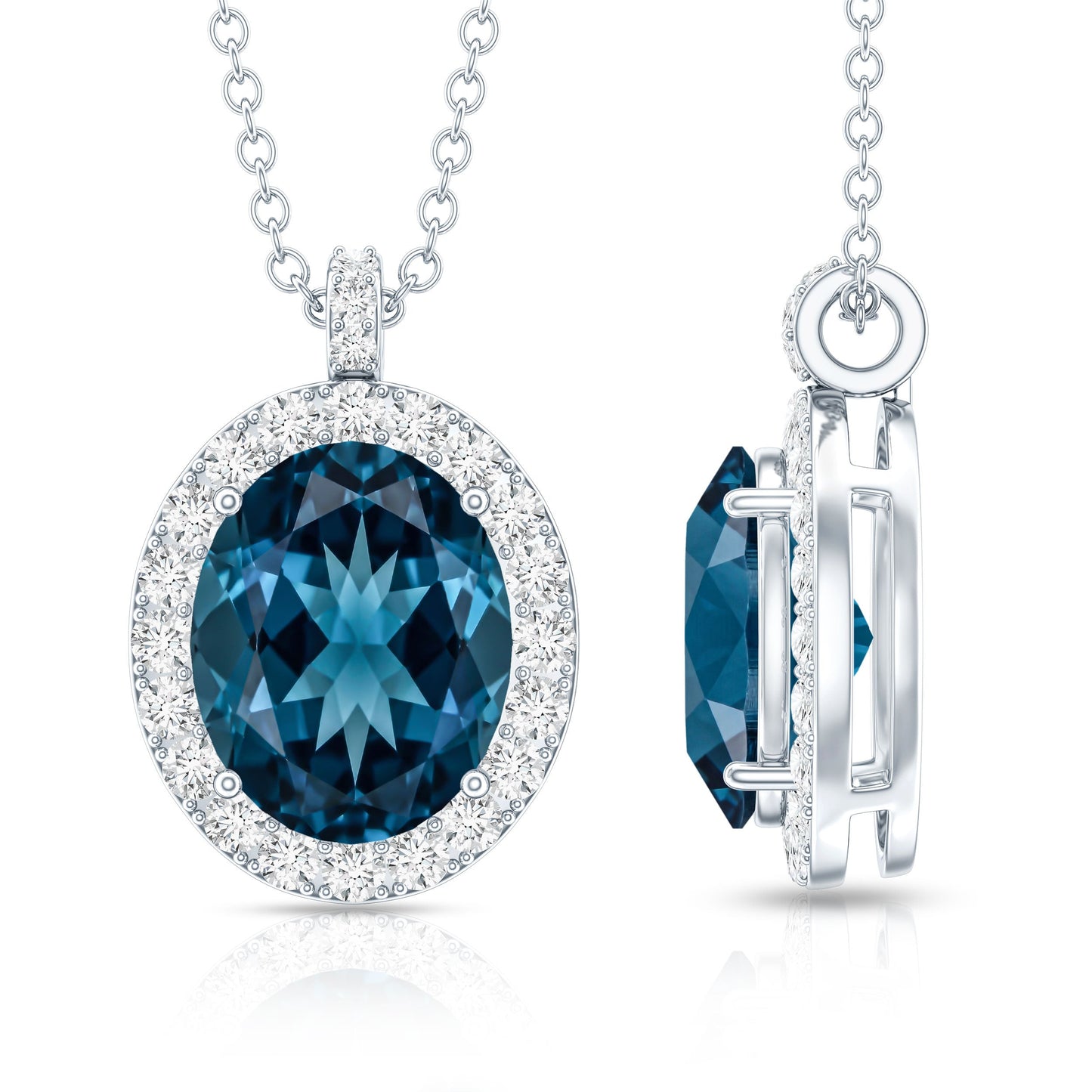 Genuine 2.5 Carat Oval Cut London Blue Topaz and Diamond Necklace