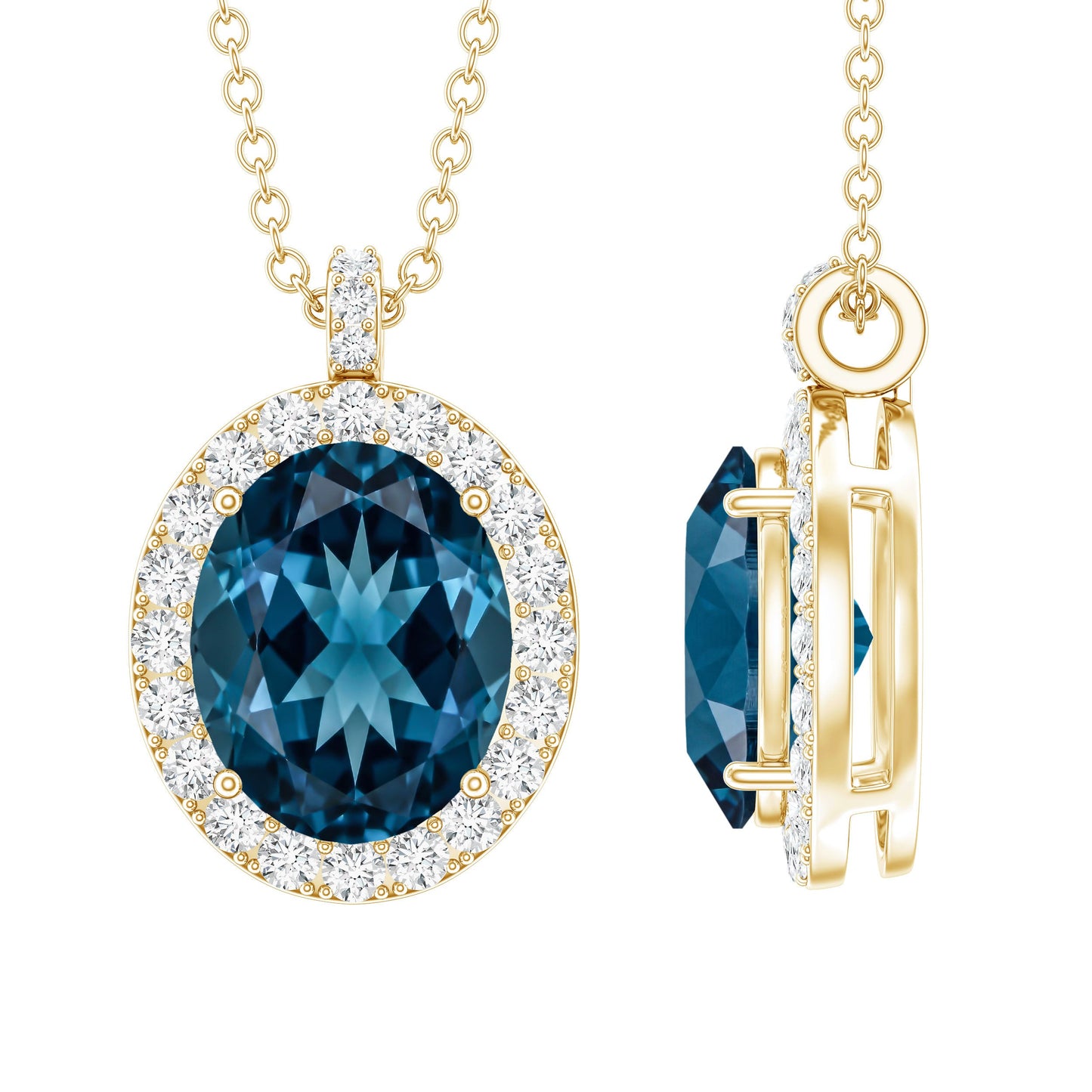 Genuine 2.5 Carat Oval Cut London Blue Topaz and Diamond Necklace