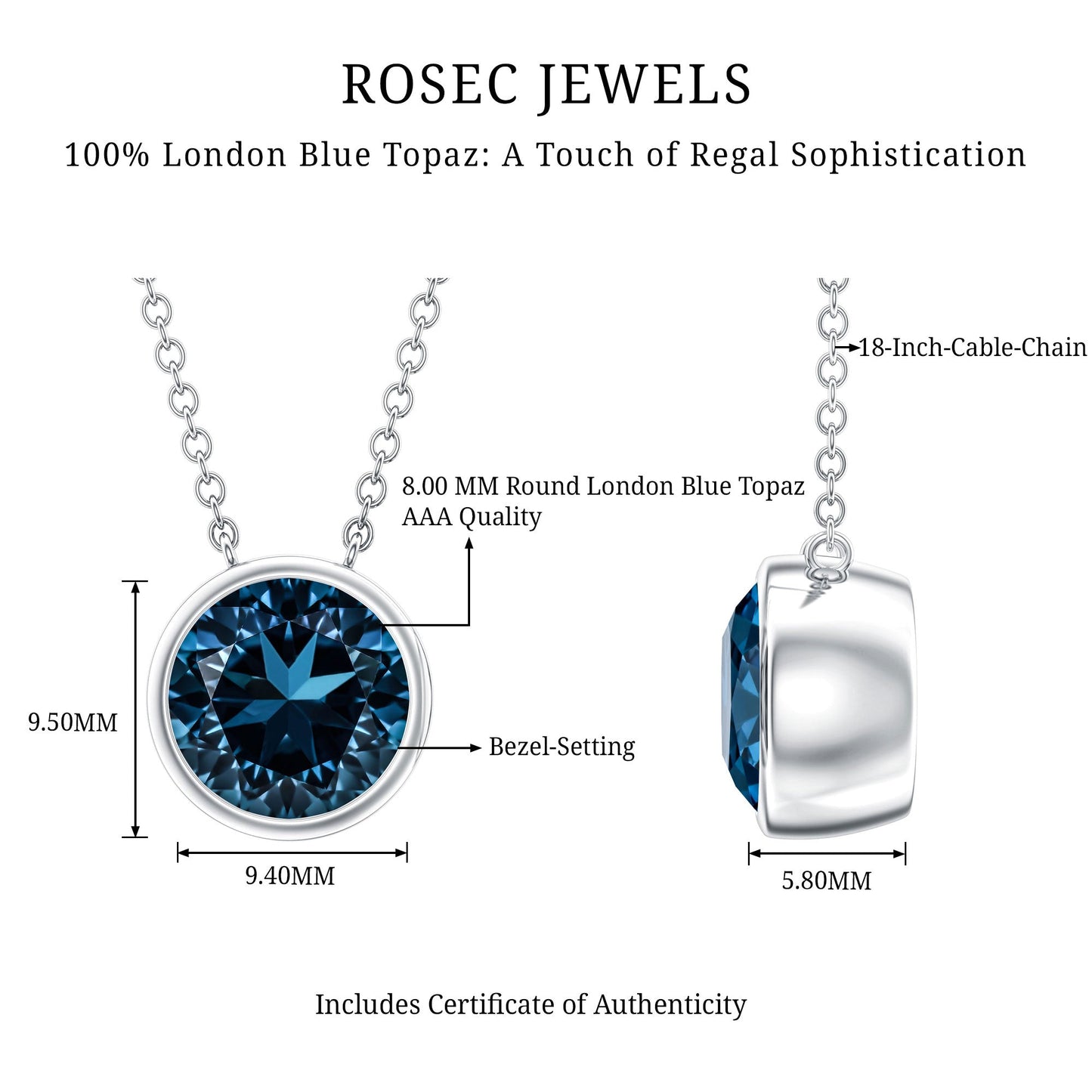 2 Carat Solitaire London Blue Topaz Chain Necklace in Bezel Setting