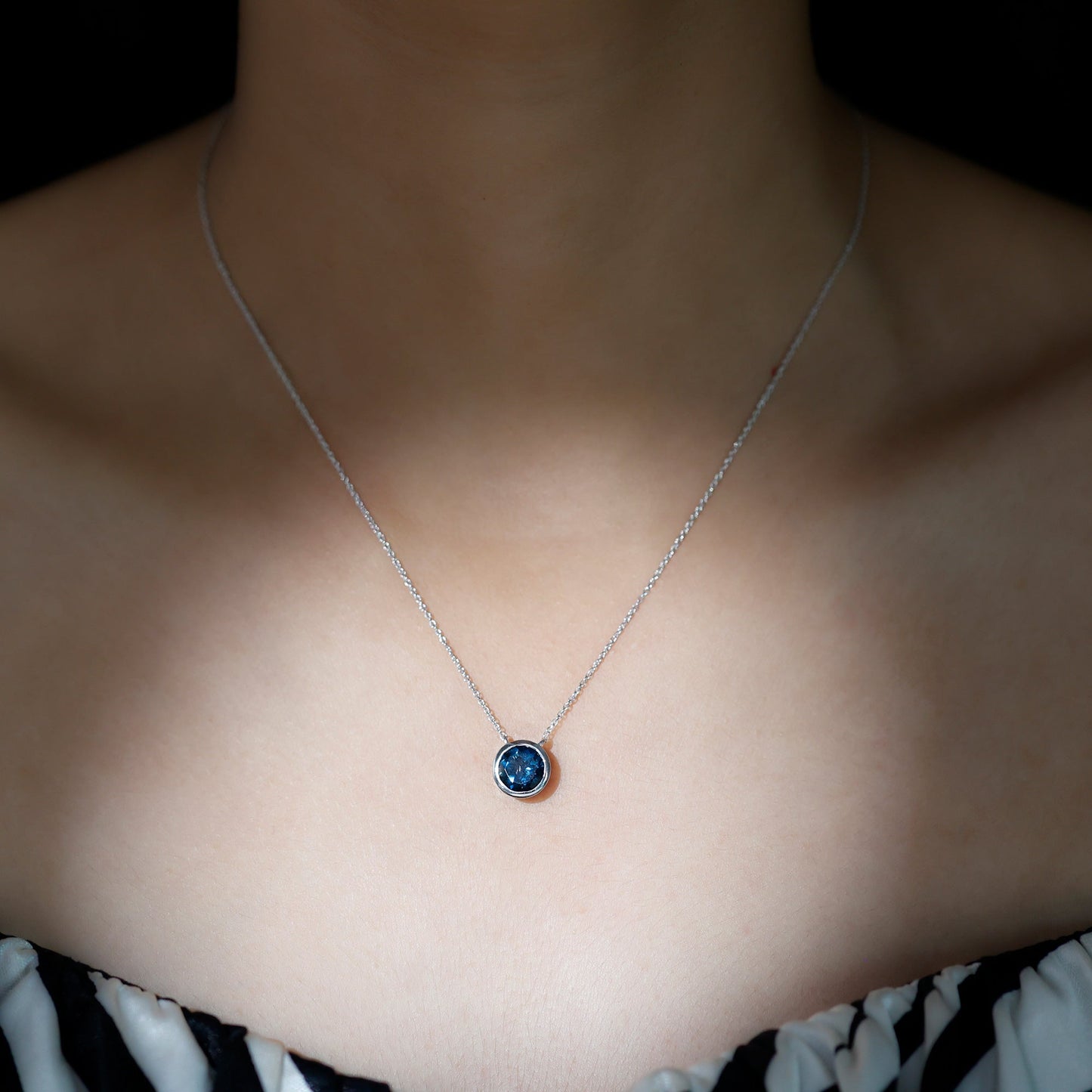 2 Carat Solitaire London Blue Topaz Chain Necklace in Bezel Setting