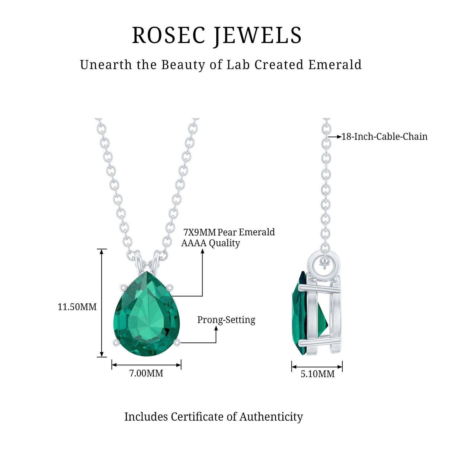 Pear Cut Lab Grown Emerald Solitaire Pendant Necklace With Chain