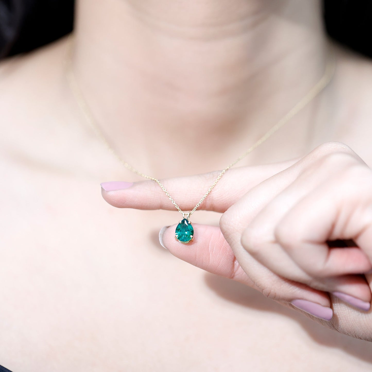 Pear Cut Lab Grown Emerald Solitaire Pendant Necklace With Chain