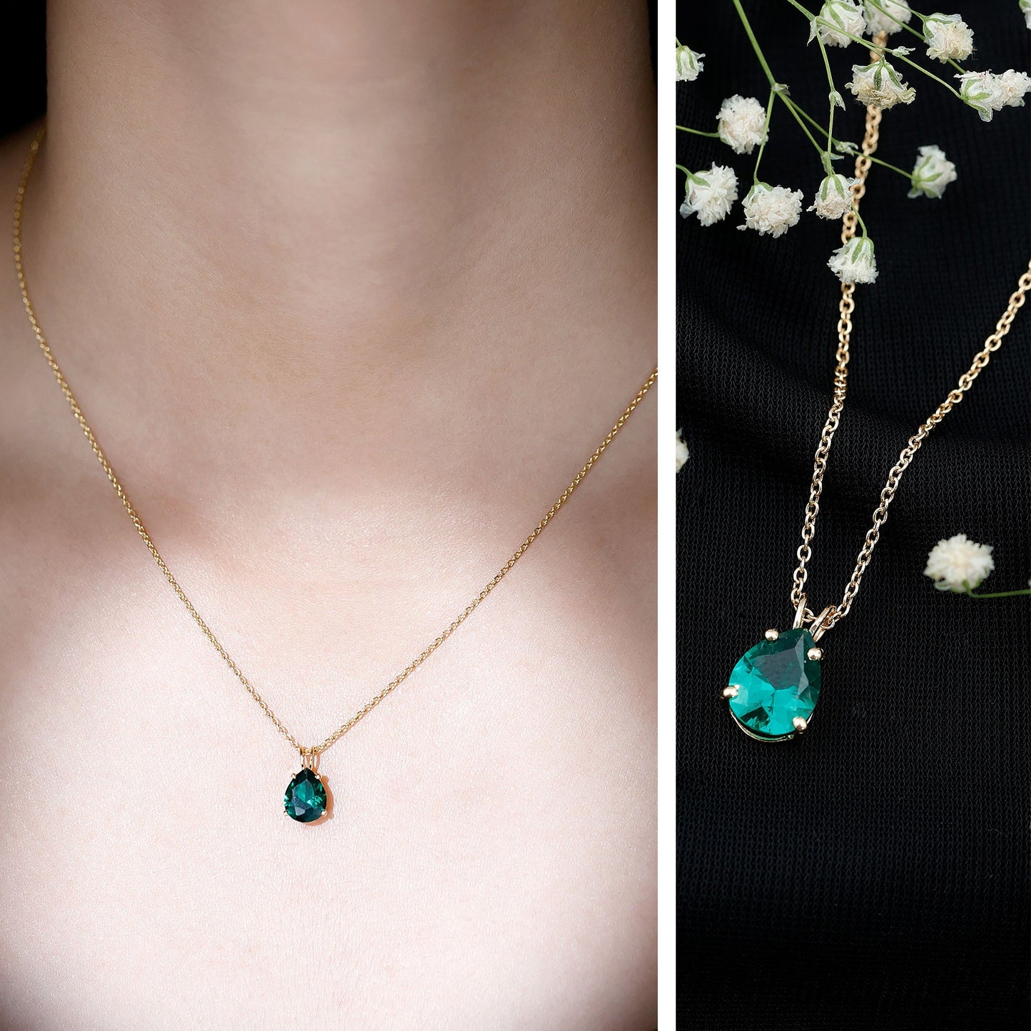 Pear Cut Lab Grown Emerald Solitaire Pendant Necklace With Chain