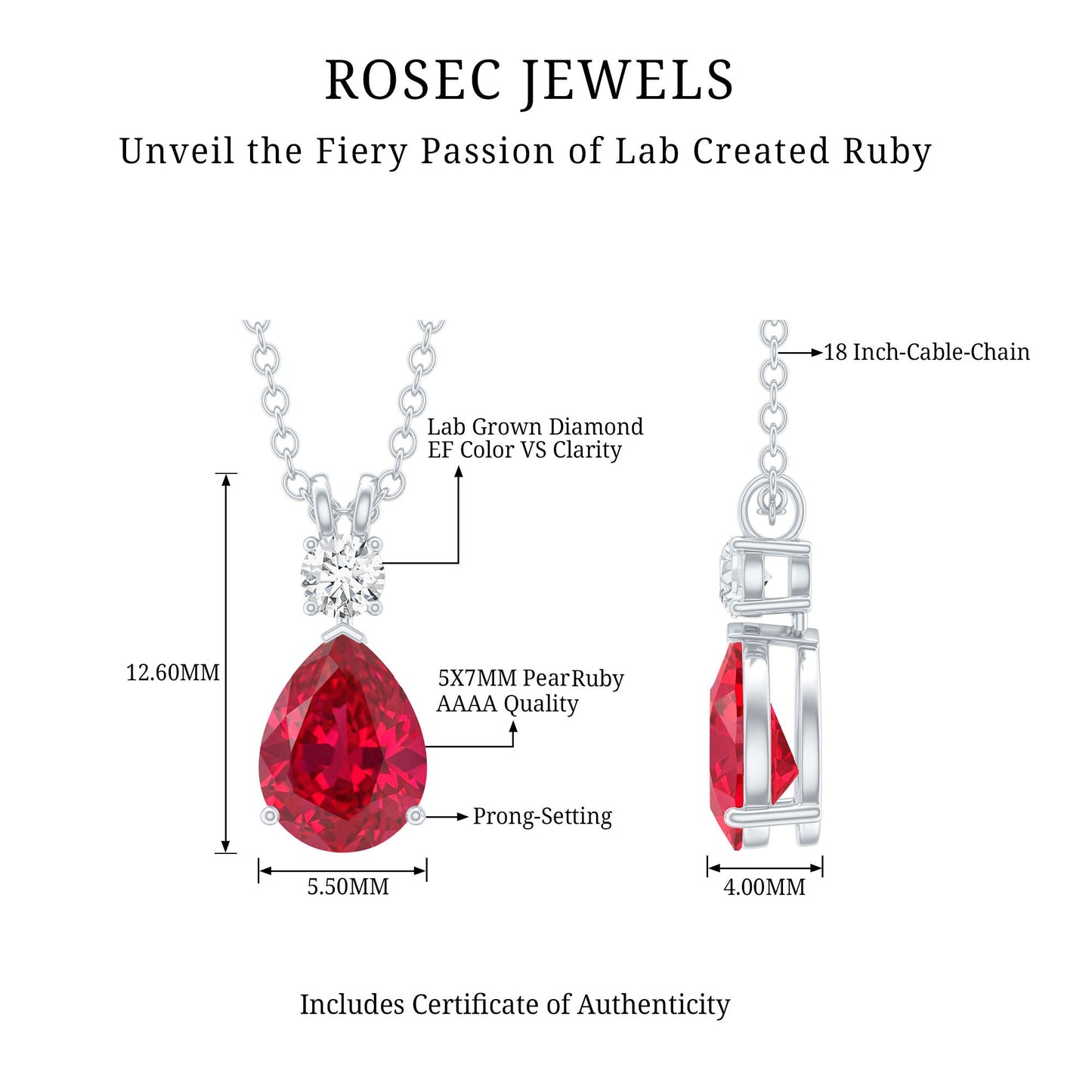 Pear Shape Lab Grown Ruby Teardrop Necklace with Diamond