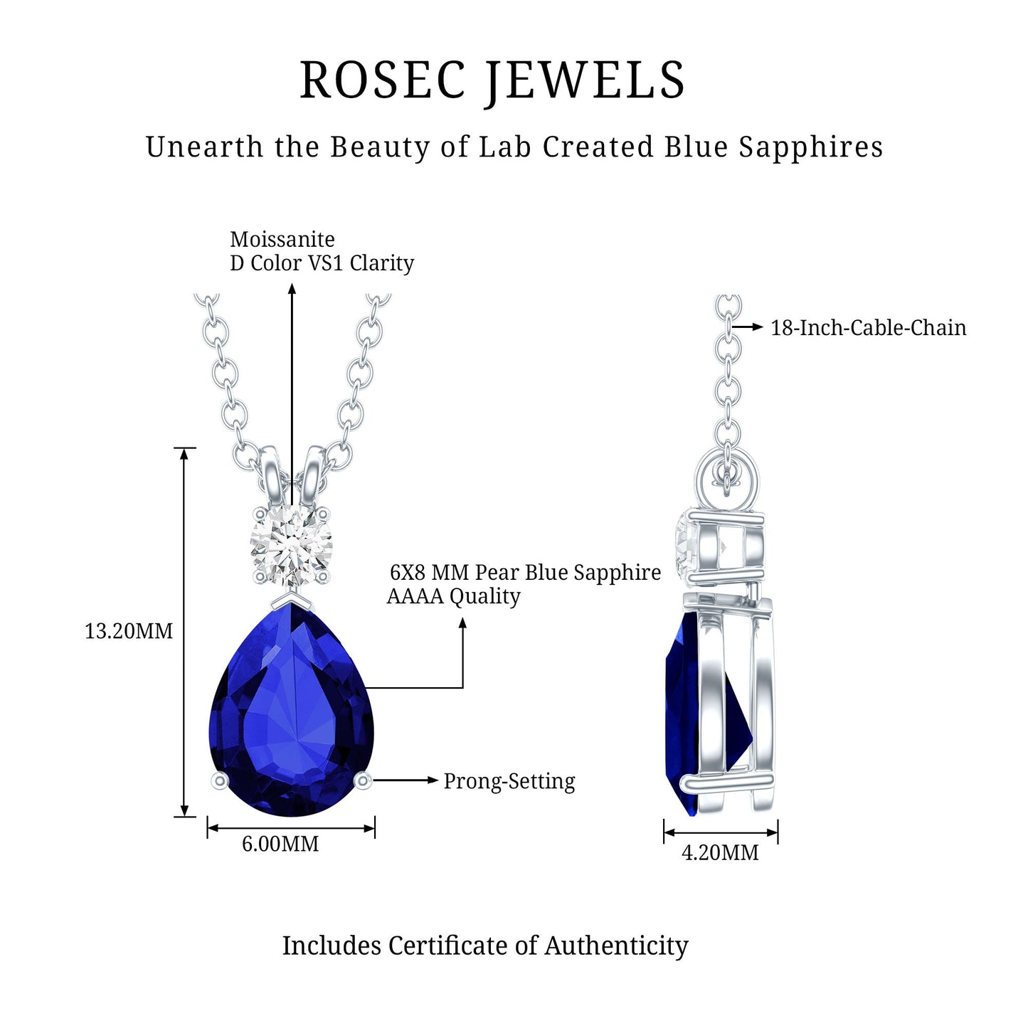 Lab Created Blue Sapphire Teardrop Necklace with Moissanite