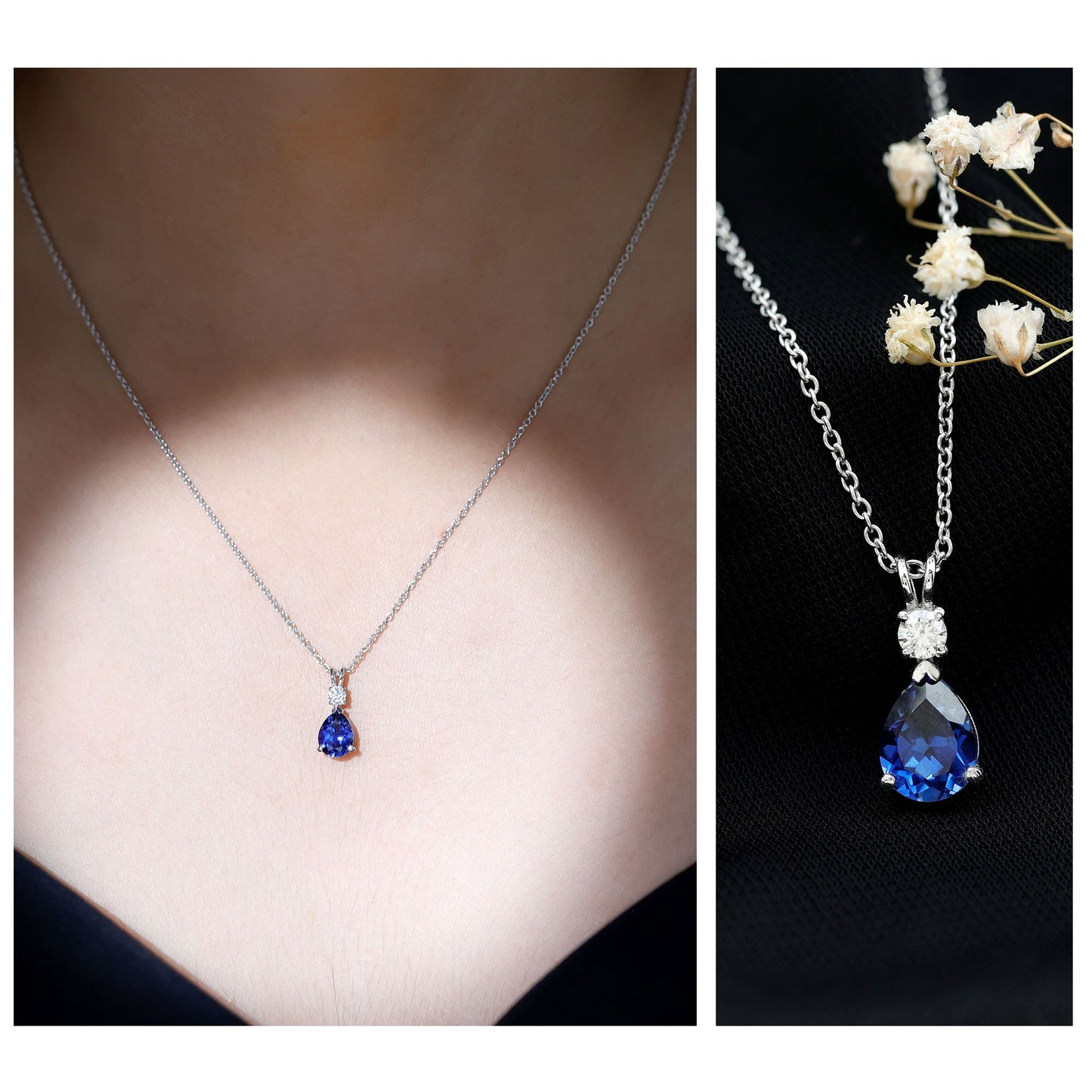 Lab Created Blue Sapphire Teardrop Necklace with Moissanite