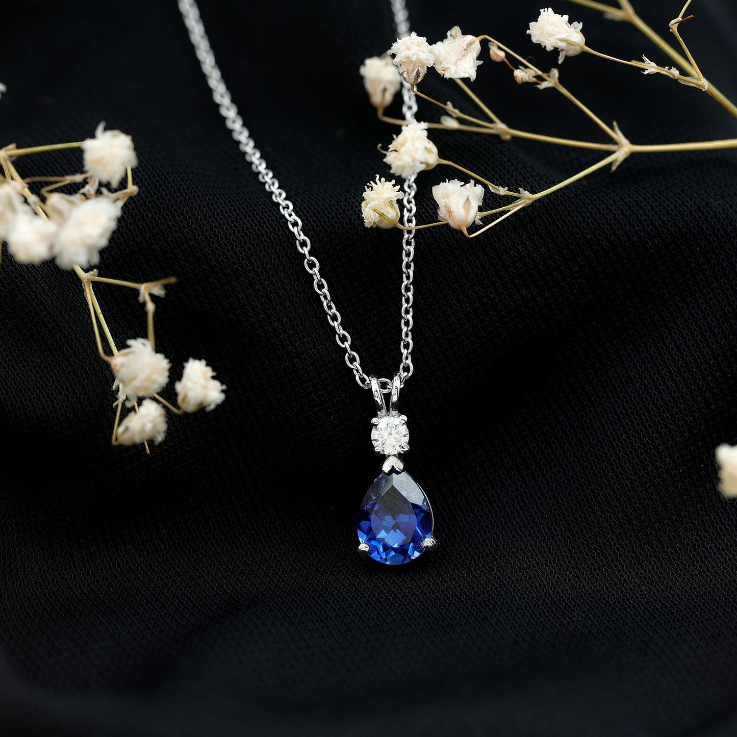 Lab Created Blue Sapphire Teardrop Necklace with Moissanite