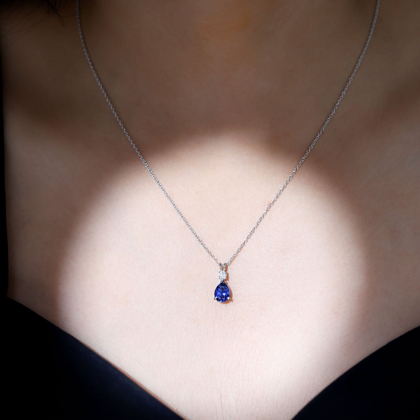 Lab Created Blue Sapphire Teardrop Necklace with Moissanite