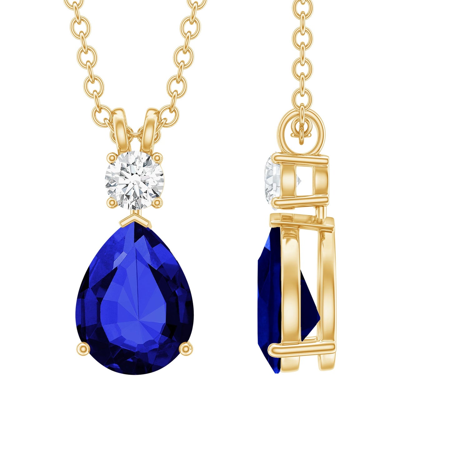 Lab Created Blue Sapphire Teardrop Necklace with Moissanite