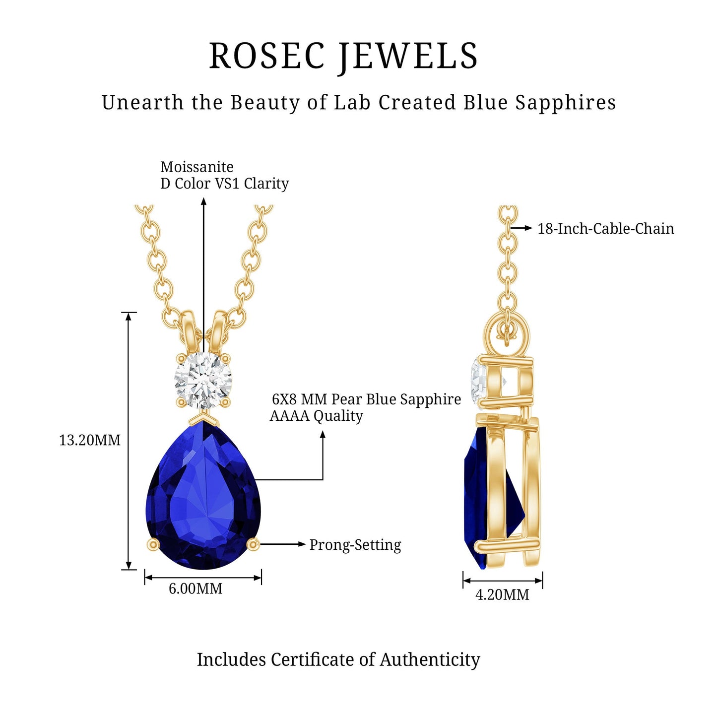 Lab Created Blue Sapphire Teardrop Necklace with Moissanite